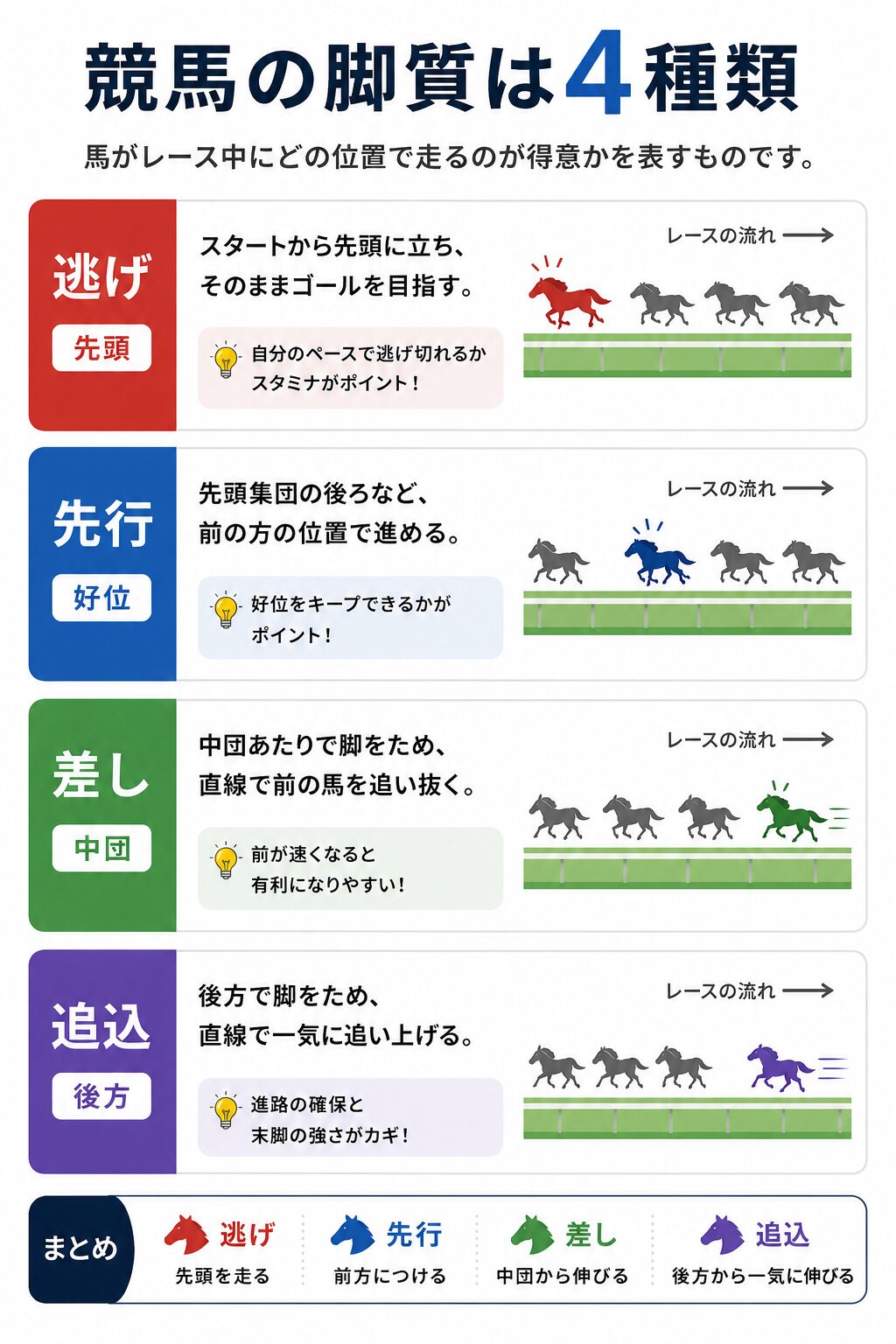 競馬 脚質 種類 先行 追込 逃げ 差し 解説