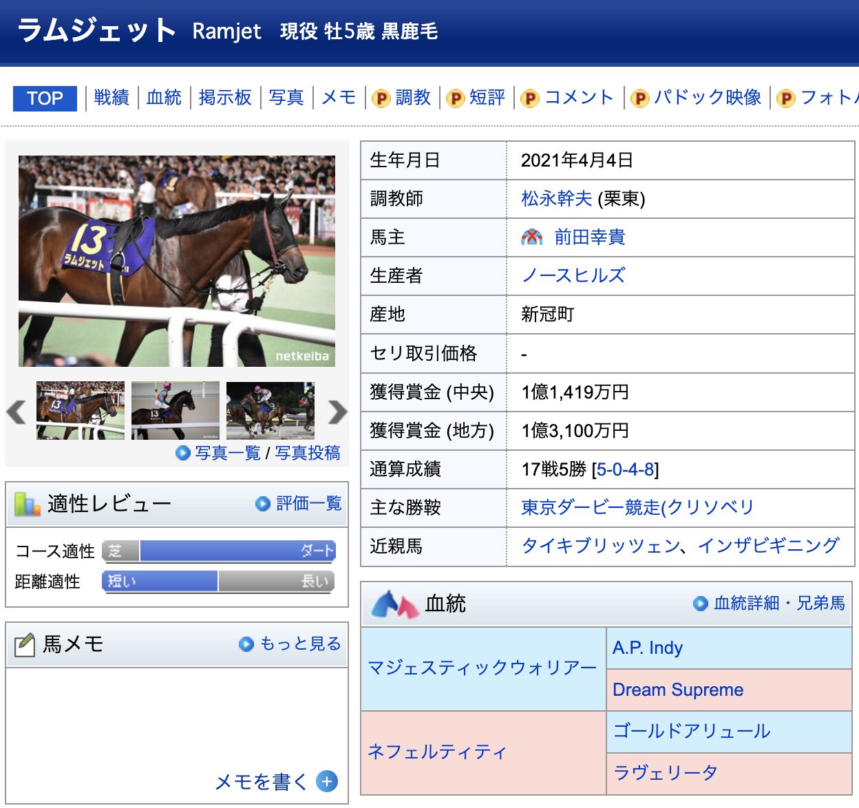 競馬　競走馬　ラムジェット
