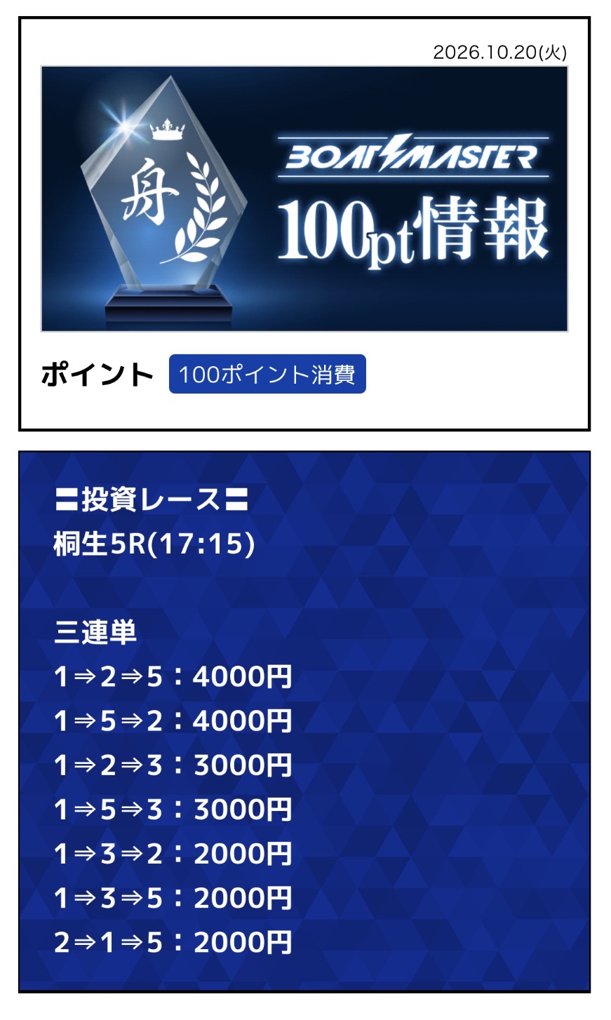 ボートマスター　100PT情報　予想　有料　的中　不的中　結果　2026年10月20日