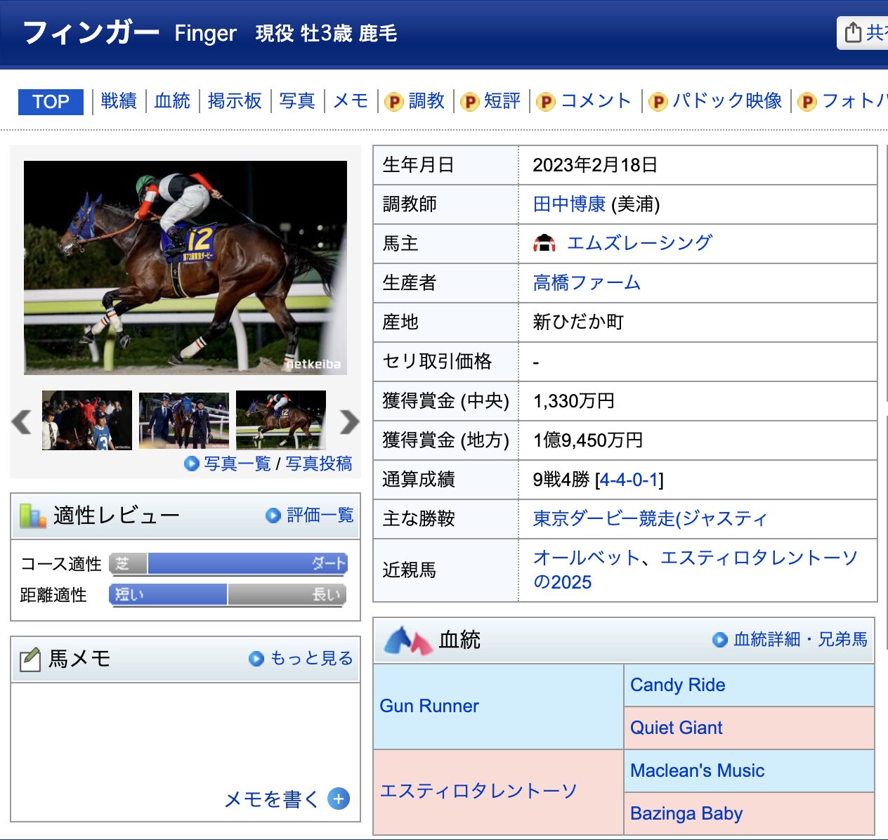 競馬　競走馬　フィンガー