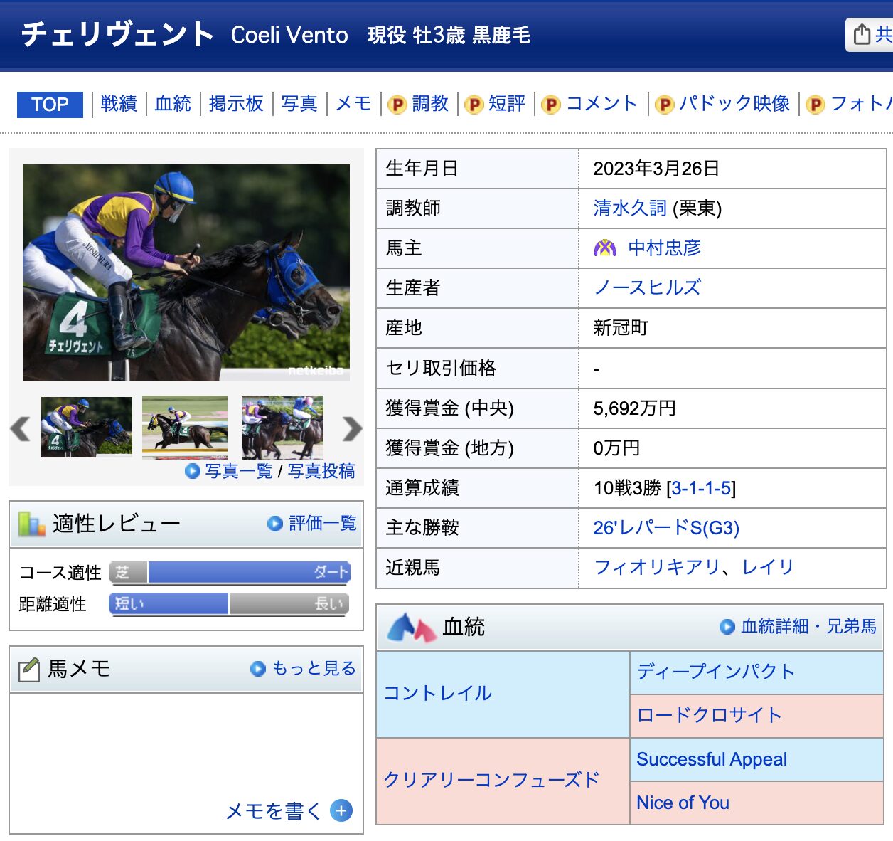 競馬　競走馬　チェリヴェント