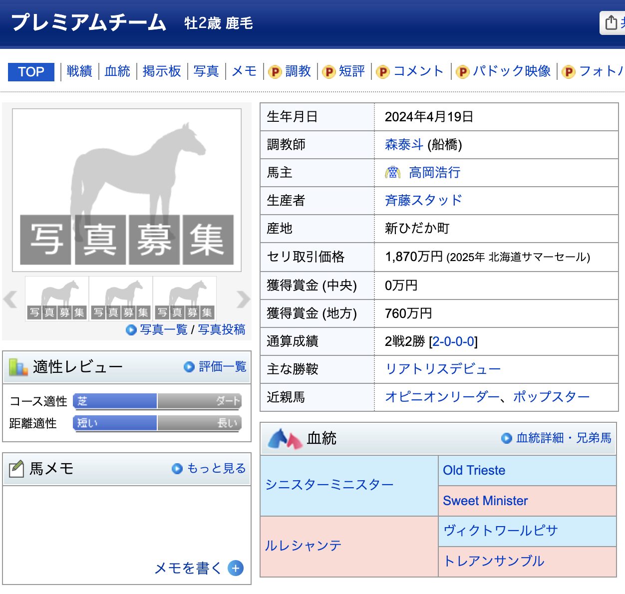 競馬　競走馬　プレミアムチーム